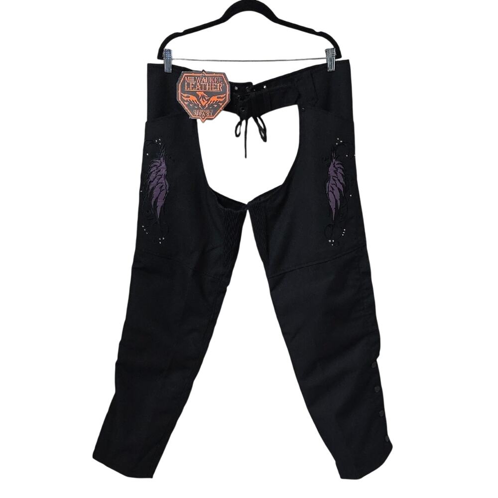 Milwaukee Leather Black Chaps Purple Feather Accent Textile Chaps Womens XXL NWT